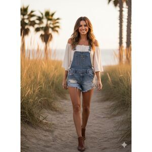 Hollister Distressed Boyfriend Short Overall Vintage Stretch Shorts Junior MD